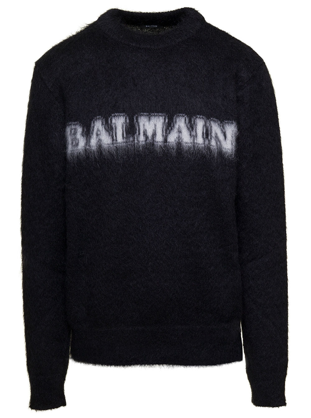 Balmain Men Black Crewneck Sweater With Maxi Logo Lettering On The Front And Brushed Effect In Wool Blend Man