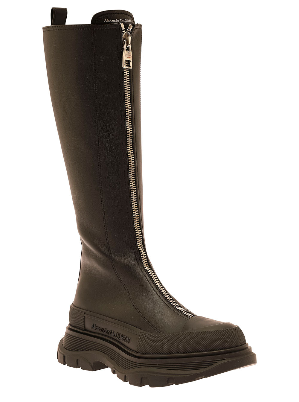 Alexander Mcqueen Women 'Tread Slick' Black Boots With Embossed Logo And Chunky Platform In Leather Woman