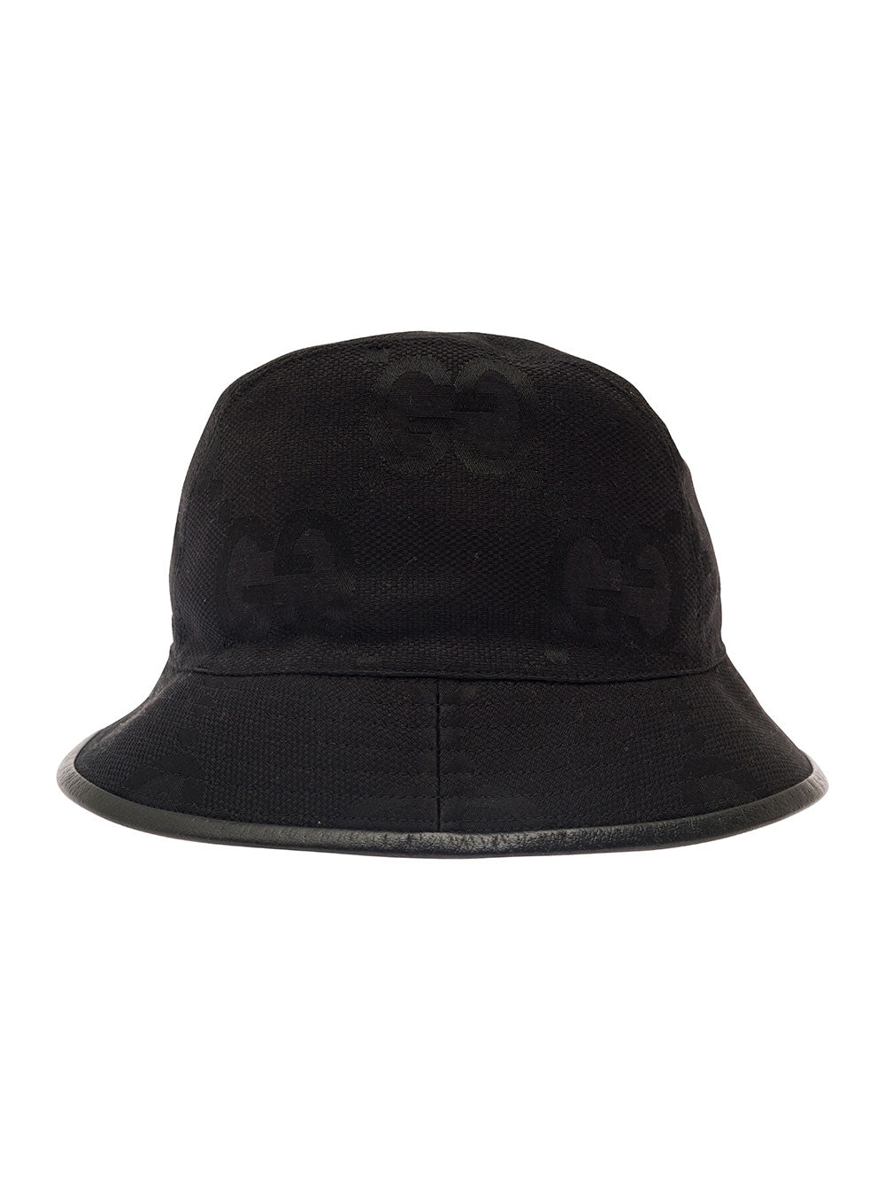 Gucci Men Black Bucket Hat With Leather Trimmings In Gg Jumbo Canvas Man