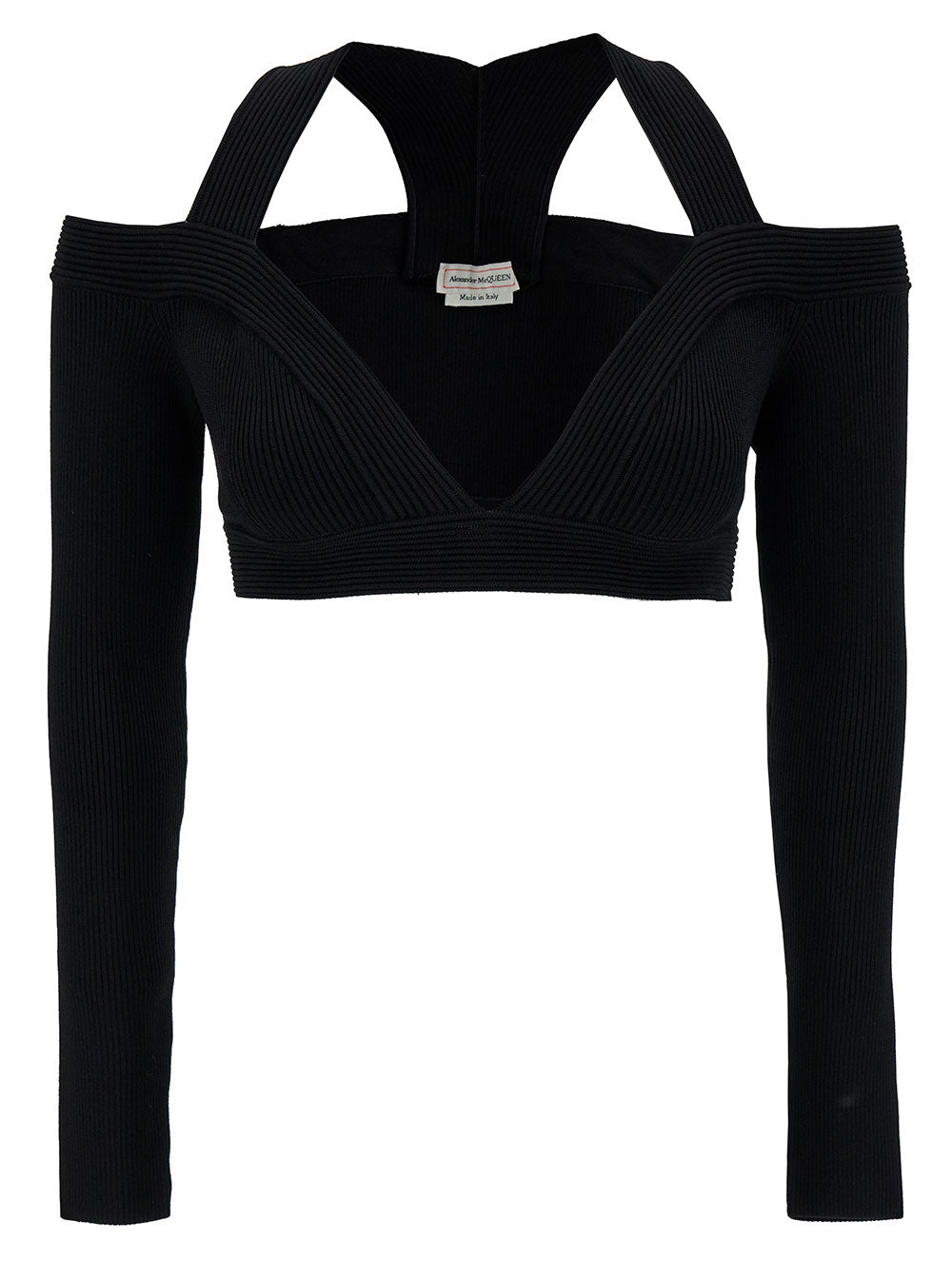 Alexander Mcqueen Women Black Cropped Top With Shoulders Cut-Out In Stretch Viscose Blend Woman