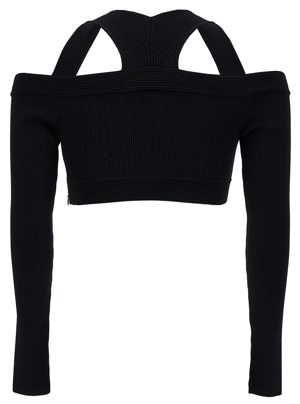 Alexander Mcqueen Women Black Cropped Top With Shoulders Cut-Out In Stretch Viscose Blend Woman