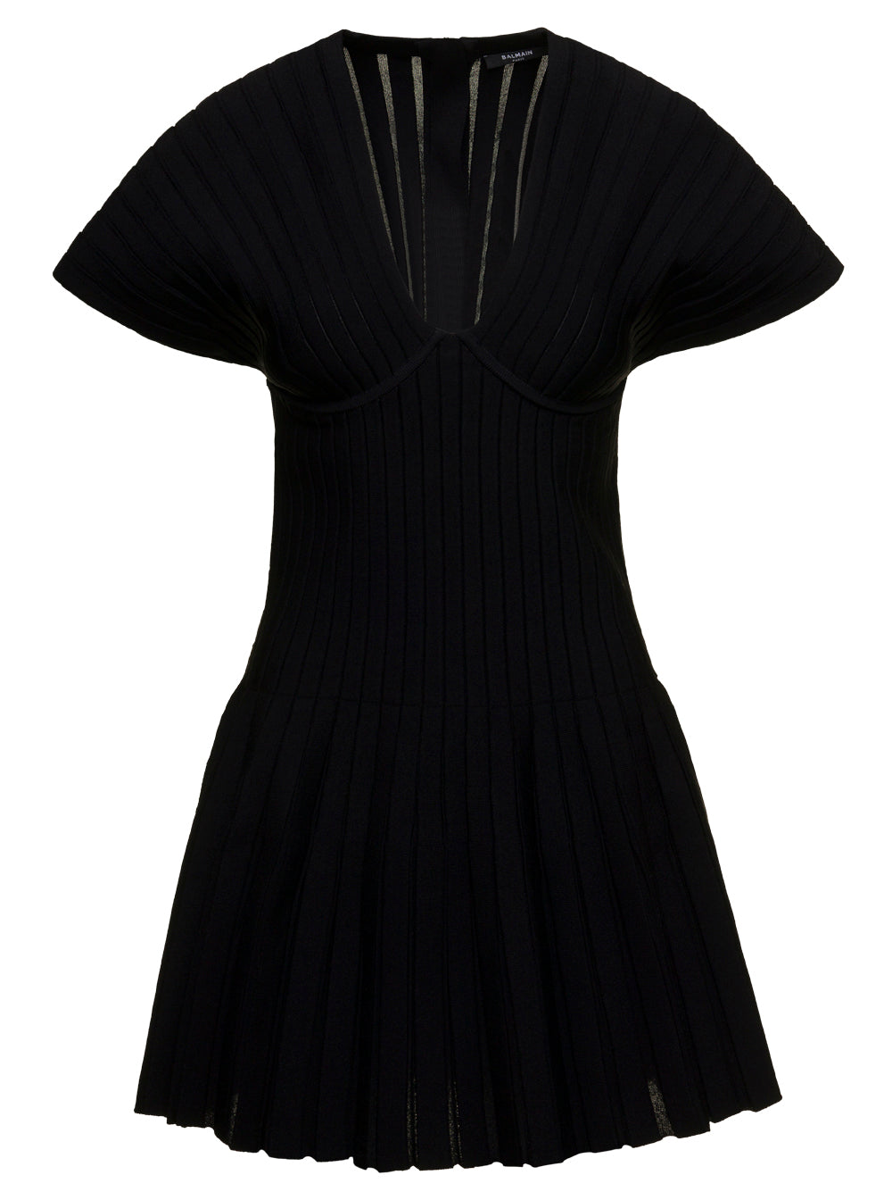 Balmain Women Black Pleated Mini Dress In Viscose Woman