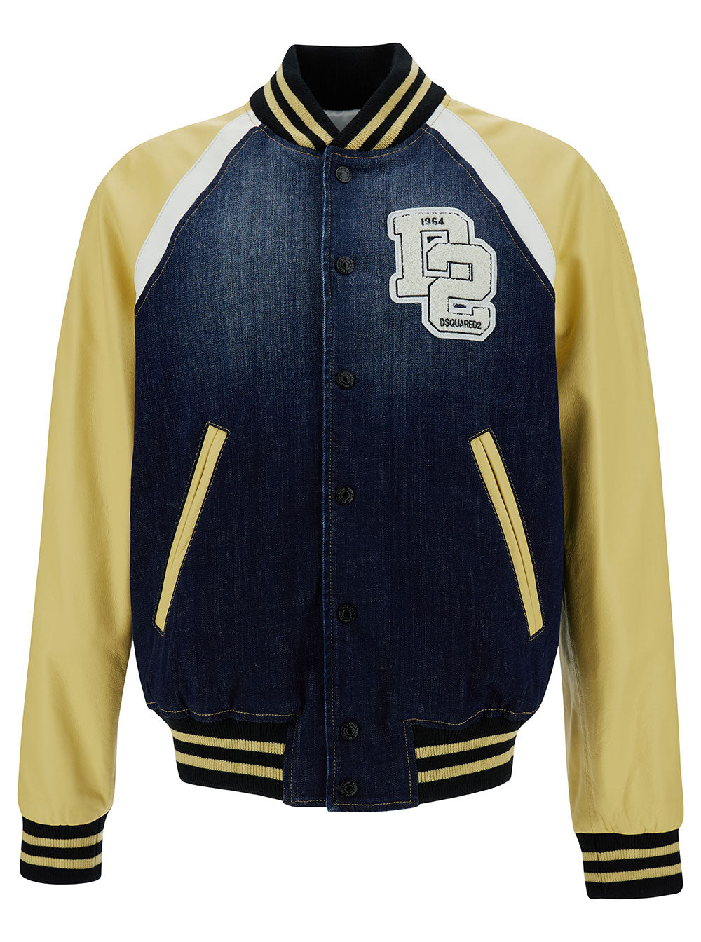 Dsquared2 Men 'College' Yellow And Blue Varsity Jacket With Logo Patch And Contrasting Sleeves In Stretch Cotton Man