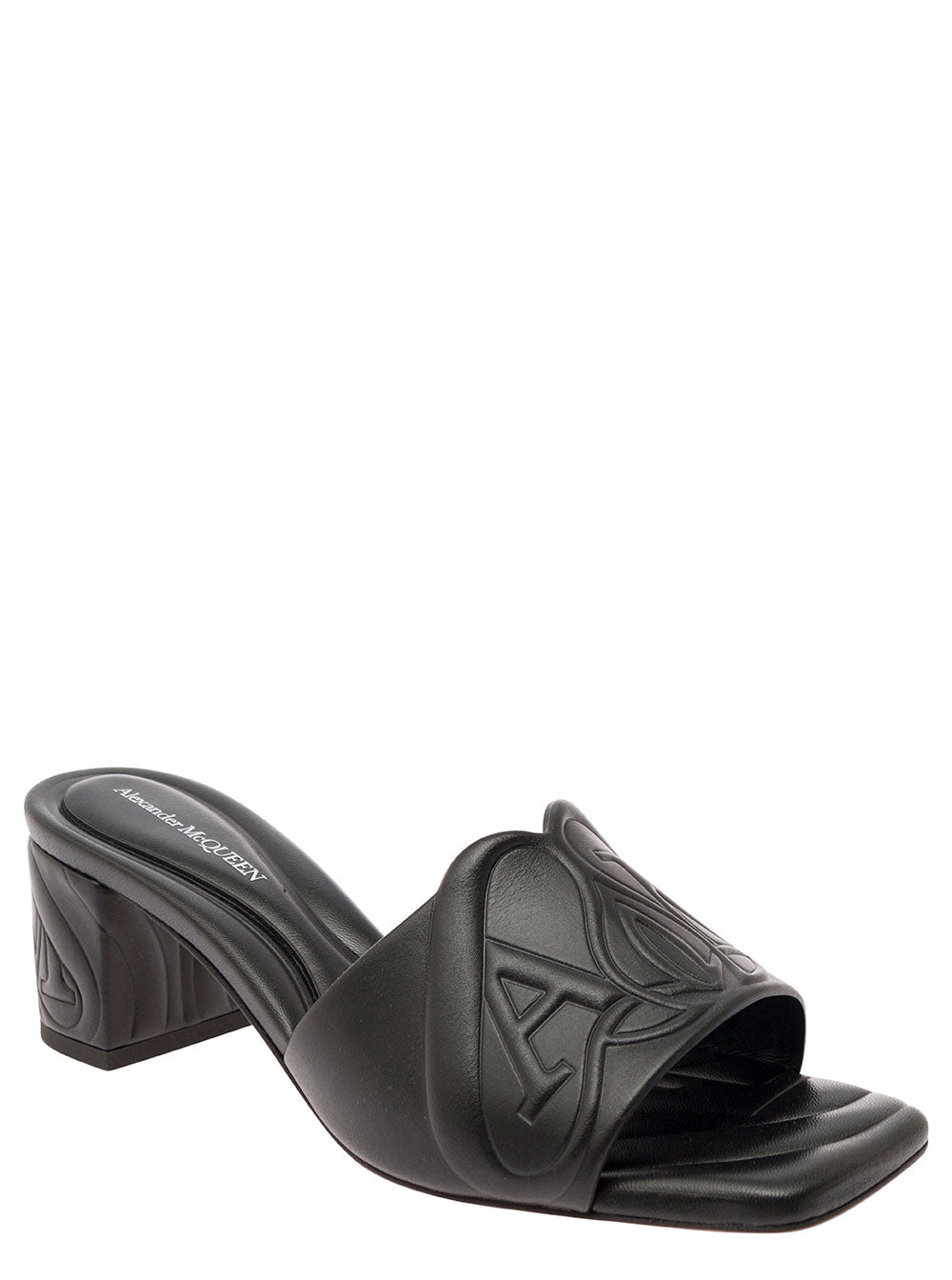 Alexander Mcqueen Women Black Slip-On Sandals With Embossed Logo In Padded Leather Woman