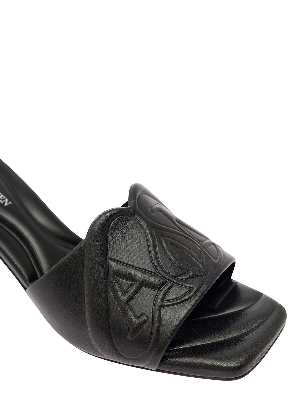 Alexander Mcqueen Women Black Slip-On Sandals With Embossed Logo In Padded Leather Woman