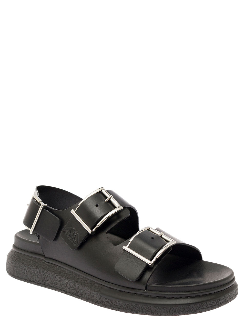 Alexander Mcqueen Men Black Slide Sandals With Embossed Logo In Leather Man