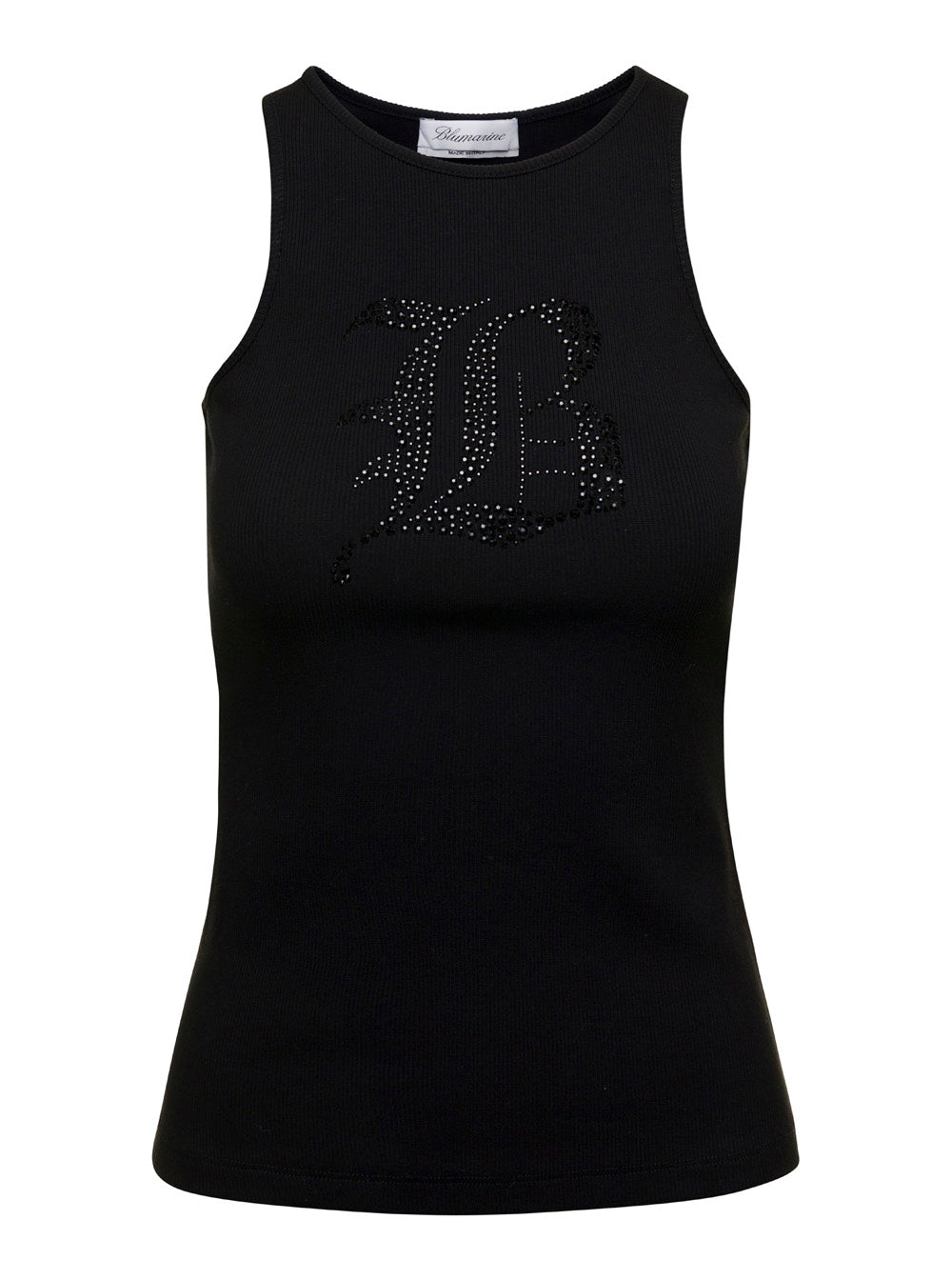 Blumarine Women Black Ribbed Tank Top With Rhinestone Logo In Cotton Woman