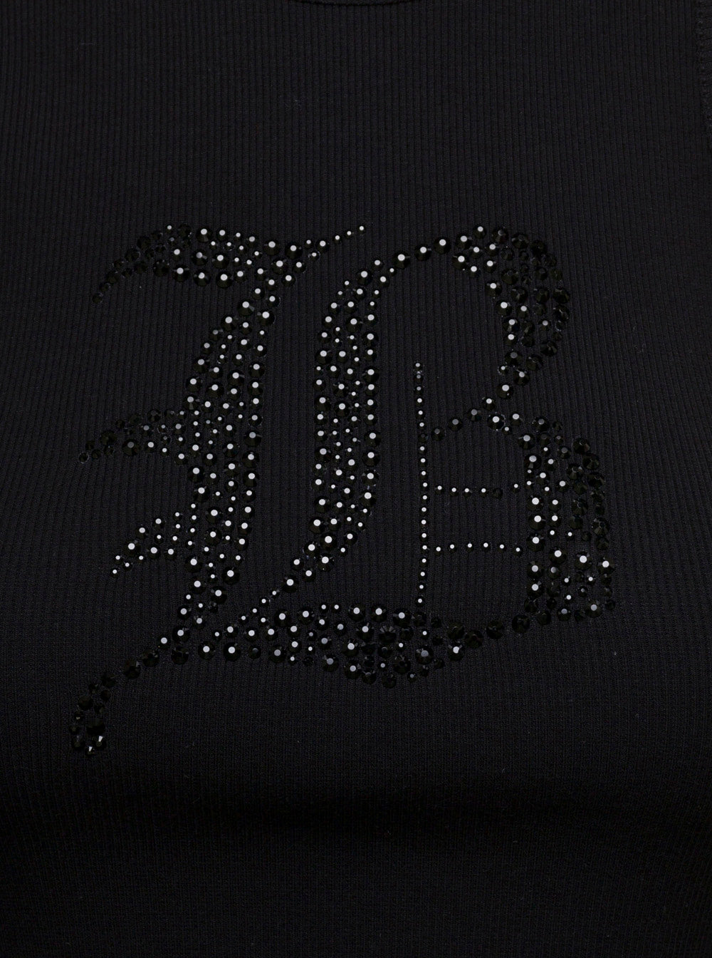 Blumarine Women Black Ribbed Tank Top With Rhinestone Logo In Cotton Woman