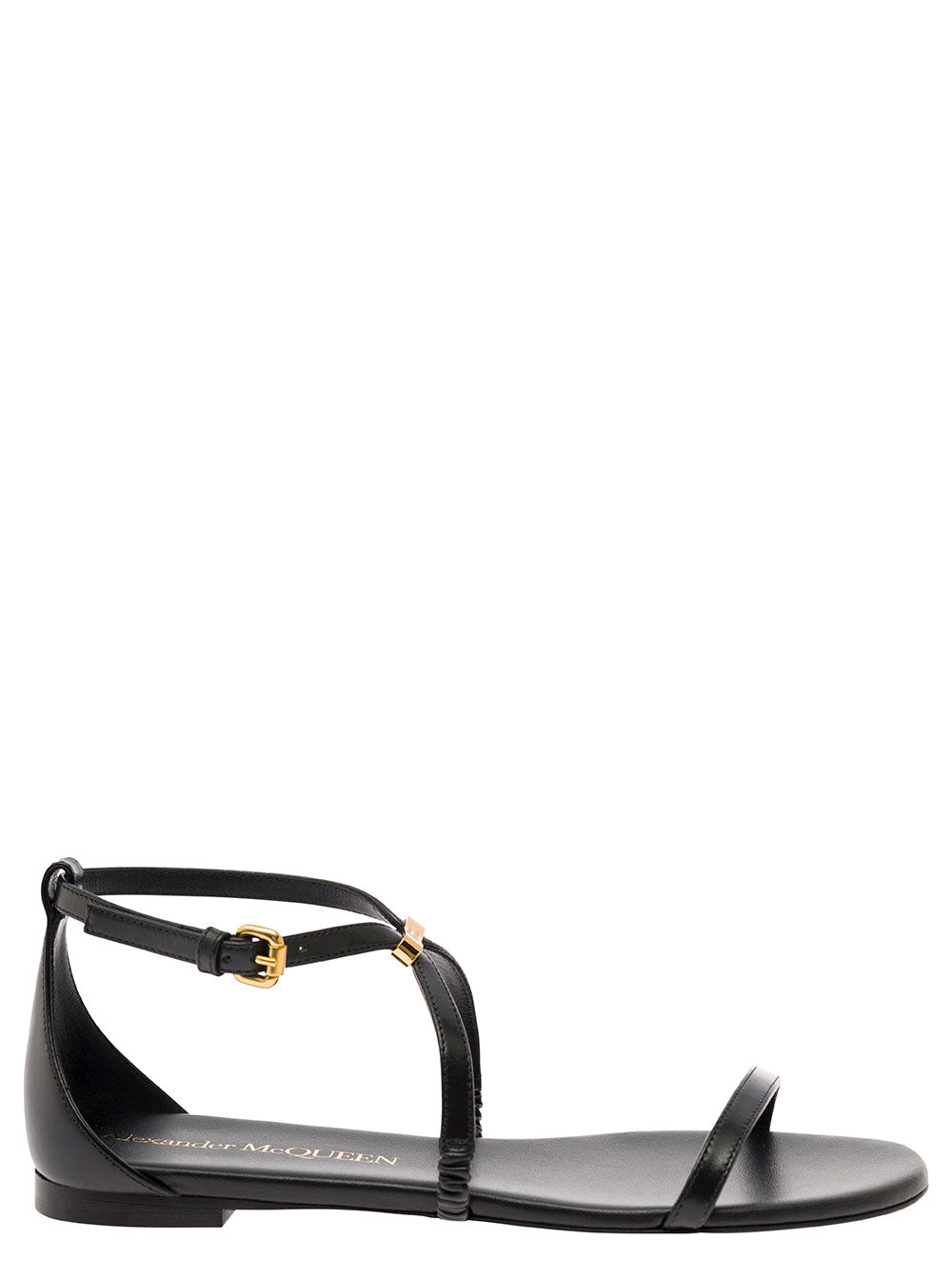Alexander Mcqueen Women Black Low Sandals With Engraved Logo In Leather Woman