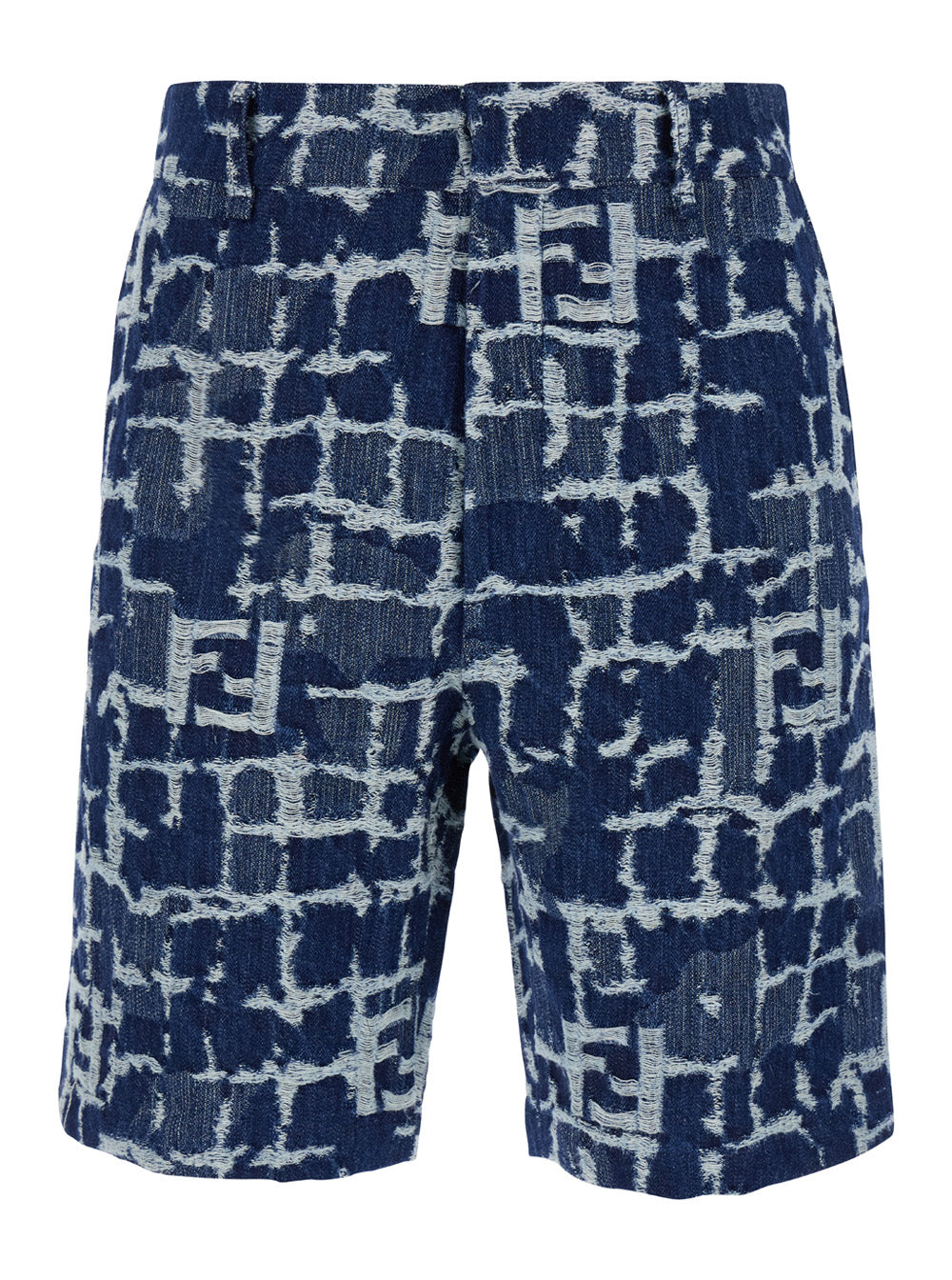 Fendi Men Blue Bermuda Shorts With Ff Print In Cotton And Linen Man