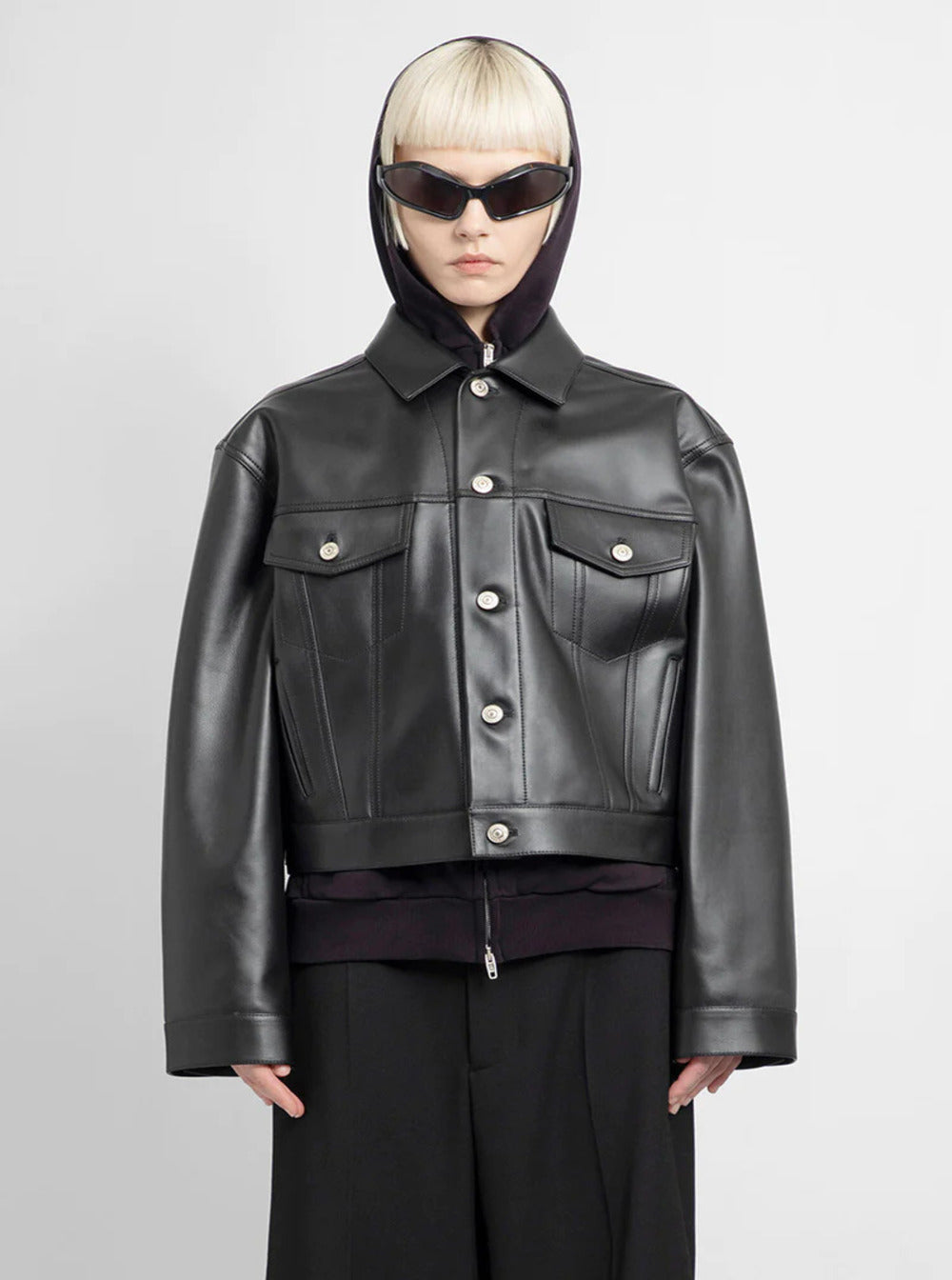 Balenciaga Women Black Cropped Jacket With Silver-Tone Branded Buttons In Super Smooth Leather Woman