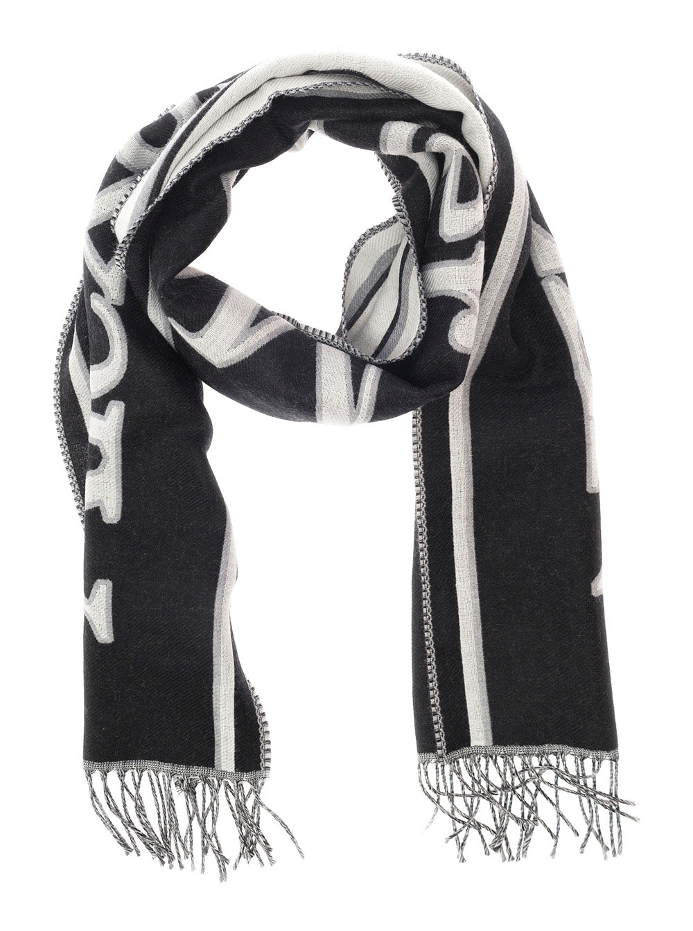 Alexander Mcqueen Men Black And White Scarf With Varsity Logo In Wool Man