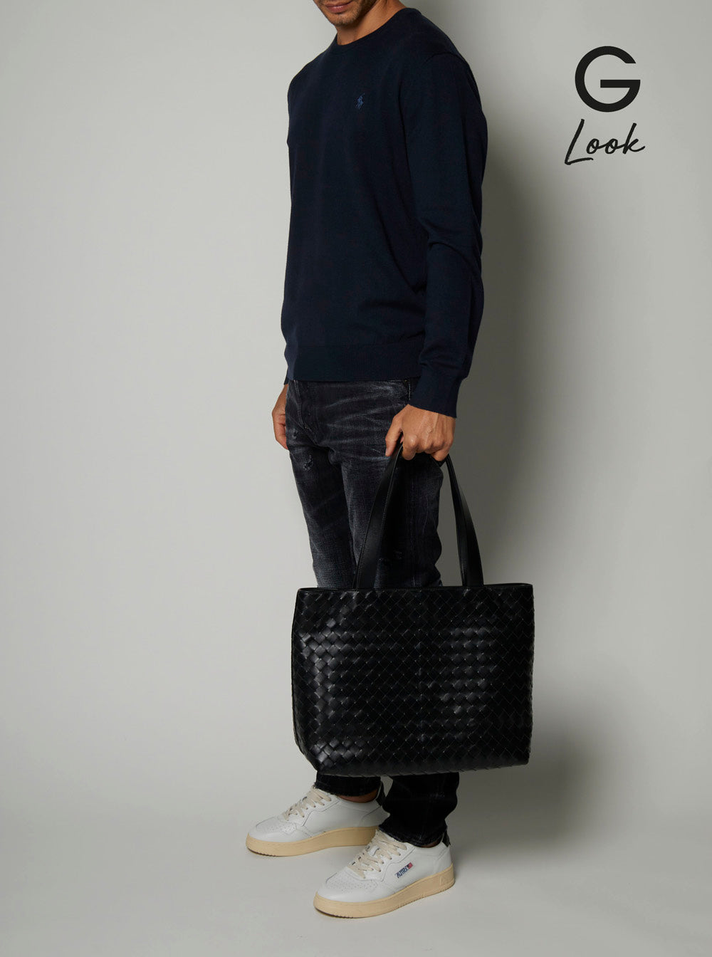 Bottega Veneta Men 'Small Intrecciato' Black Tote Bag With Zip Closure In Leather Man