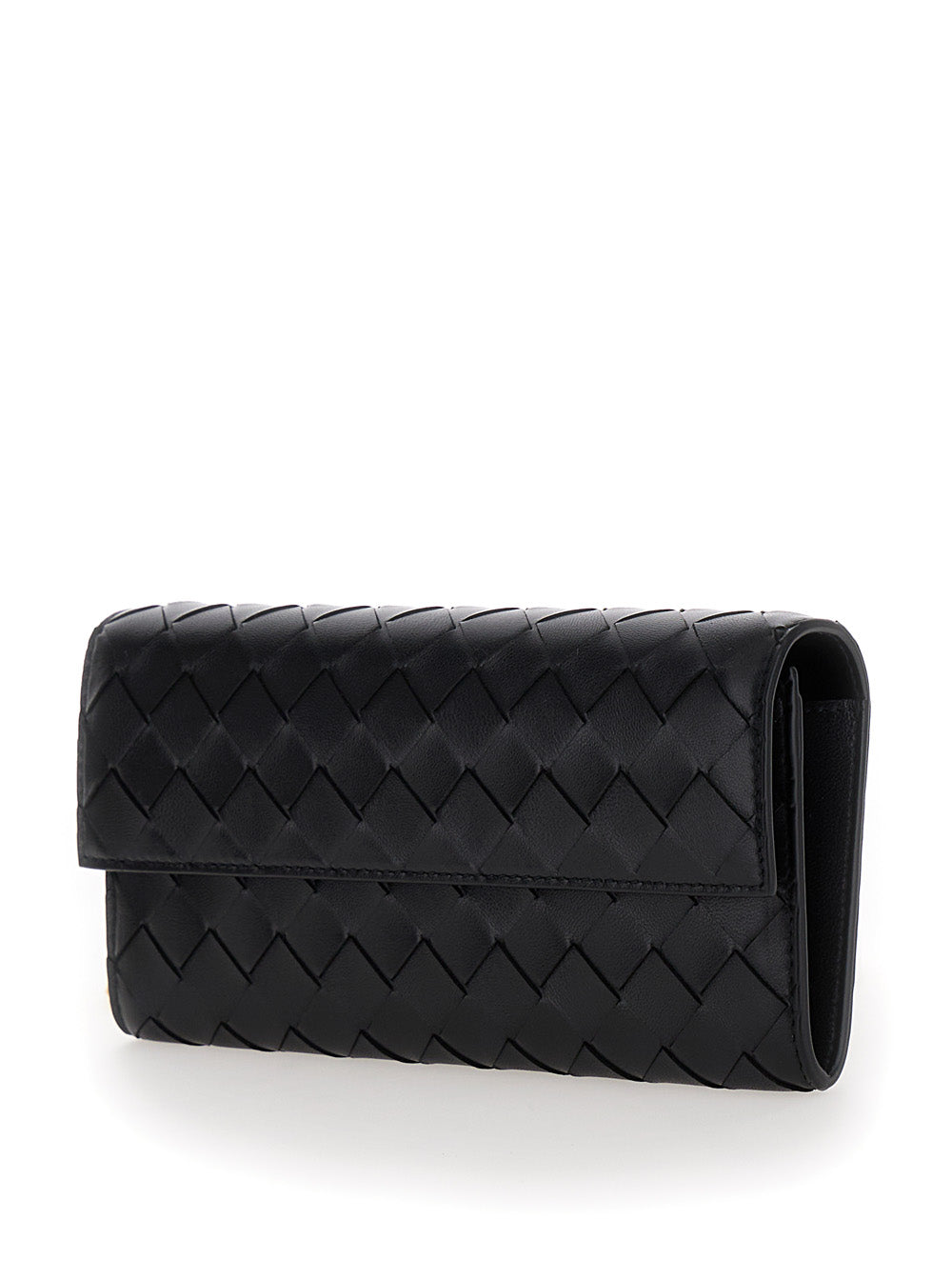 Bottega Veneta Women Black Chain Wallet With Intreccio Motif In Leather Woman