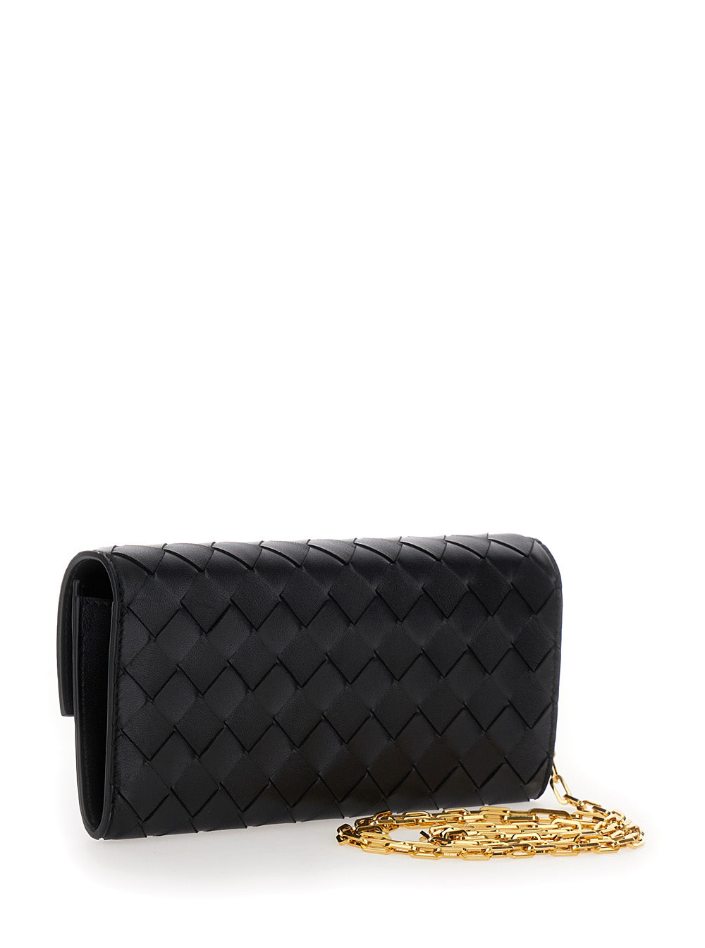 Bottega Veneta Women Black Chain Wallet With Intreccio Motif In Leather Woman