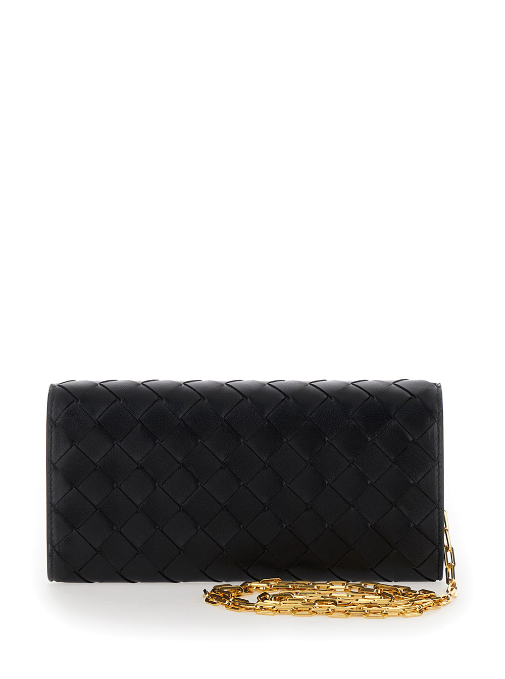 Bottega Veneta Women Black Chain Wallet With Intreccio Motif In Leather Woman