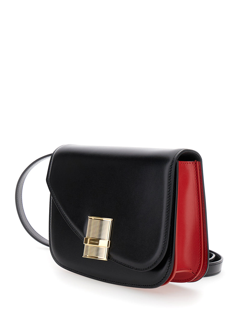 Bolsa transversal assimétrica Ferragamo feminina 'Fiamma S' preta com detalhe de logotipo em couro.