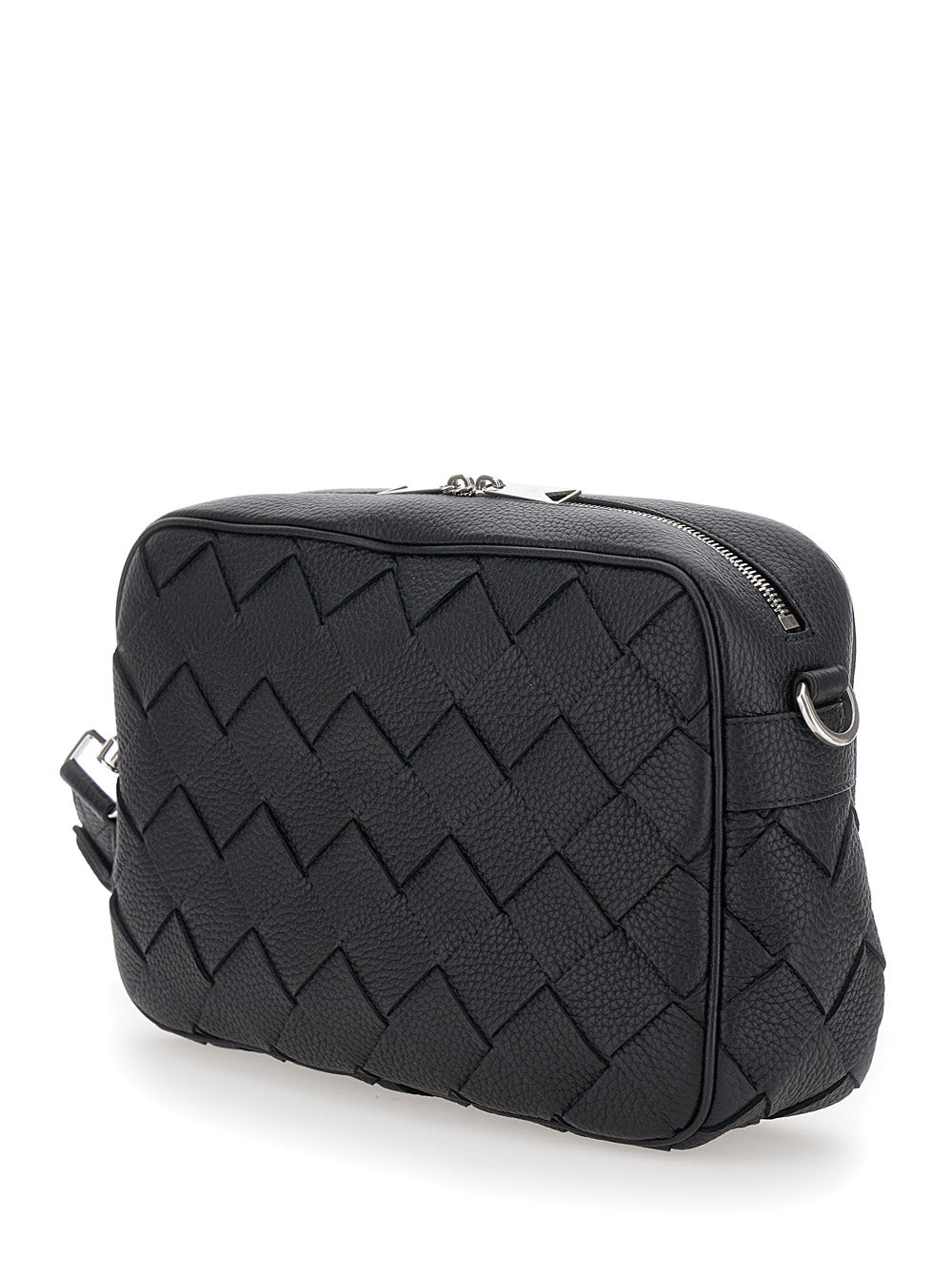 Bottega Veneta Men 'Messenger Medium' Black Crossbody Bag With Intreccio Motif In Hammered Leather Man