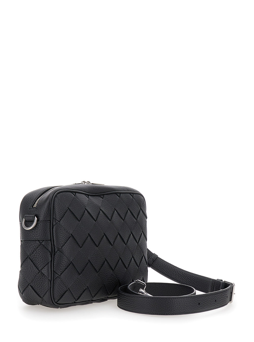 Bottega Veneta Men 'Messenger Medium' Black Crossbody Bag With Intreccio Motif In Hammered Leather Man