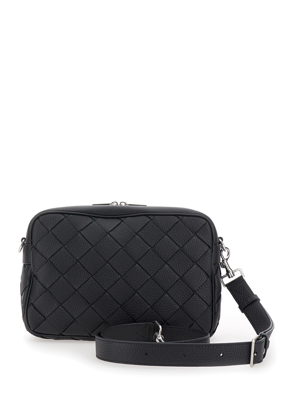 Bottega Veneta Men 'Messenger Medium' Black Crossbody Bag With Intreccio Motif In Hammered Leather Man