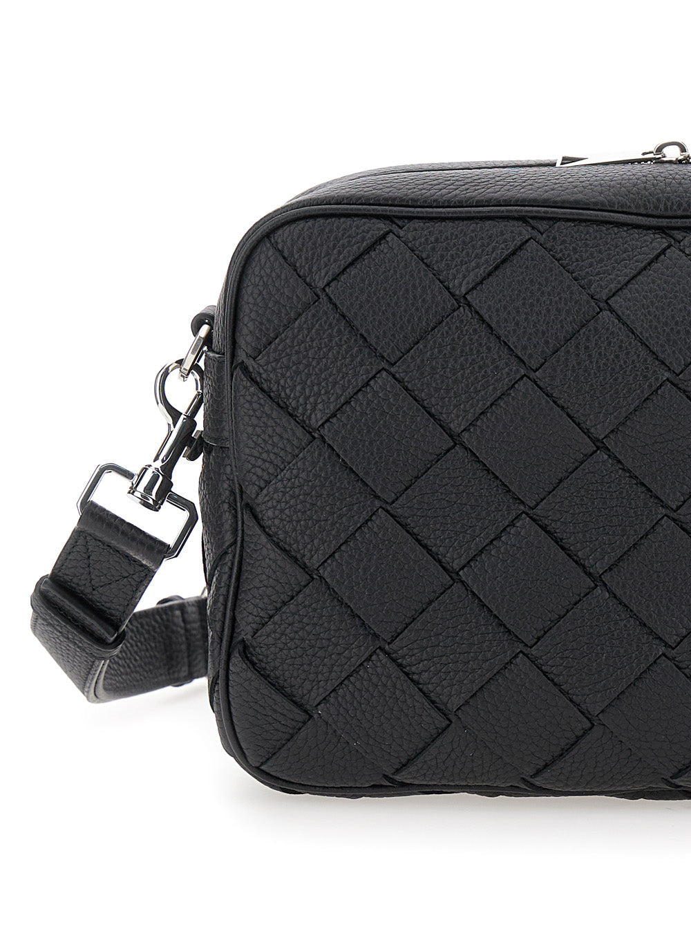 Bottega Veneta Men 'Messenger Medium' Black Crossbody Bag With Intreccio Motif In Hammered Leather Man