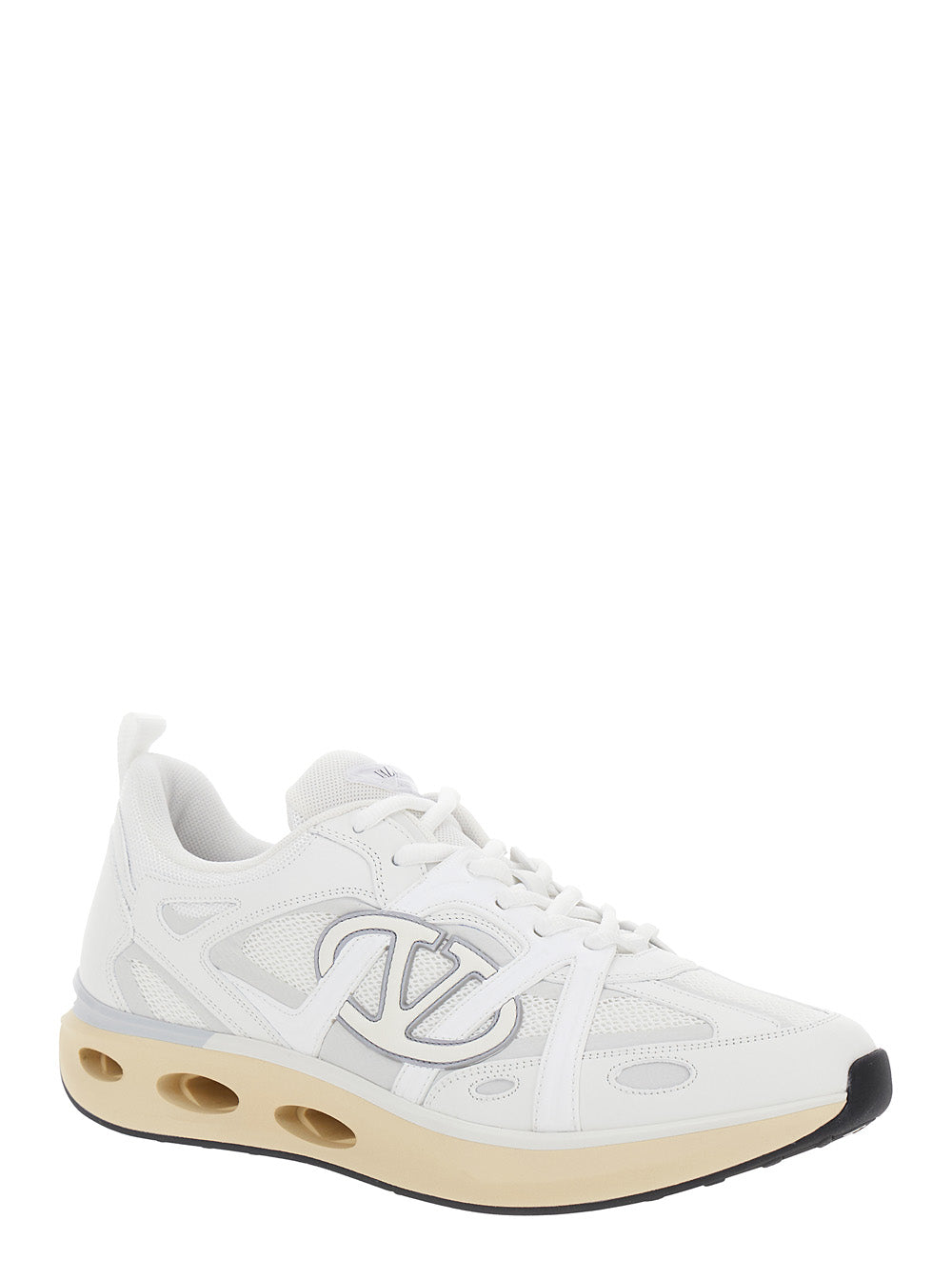 Valentino Garavani Men 'Easyjog' White Low Top Sneakers With Vlogo Detail In Fabric And Leather Man