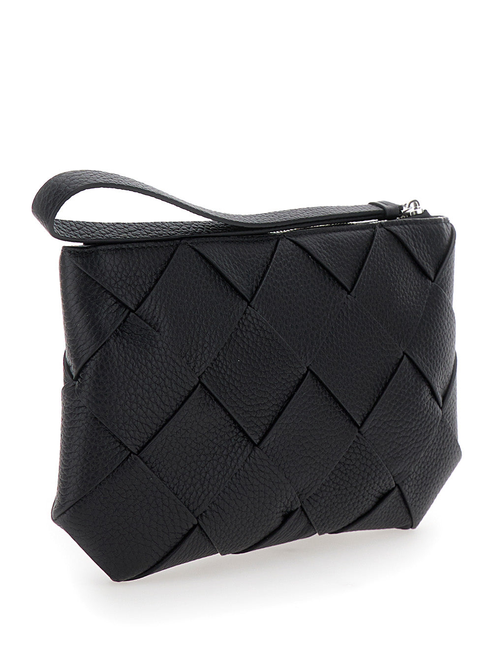 Bottega Veneta Men Black Medium Clutch With Intreccio Motif In Grained Leather Man