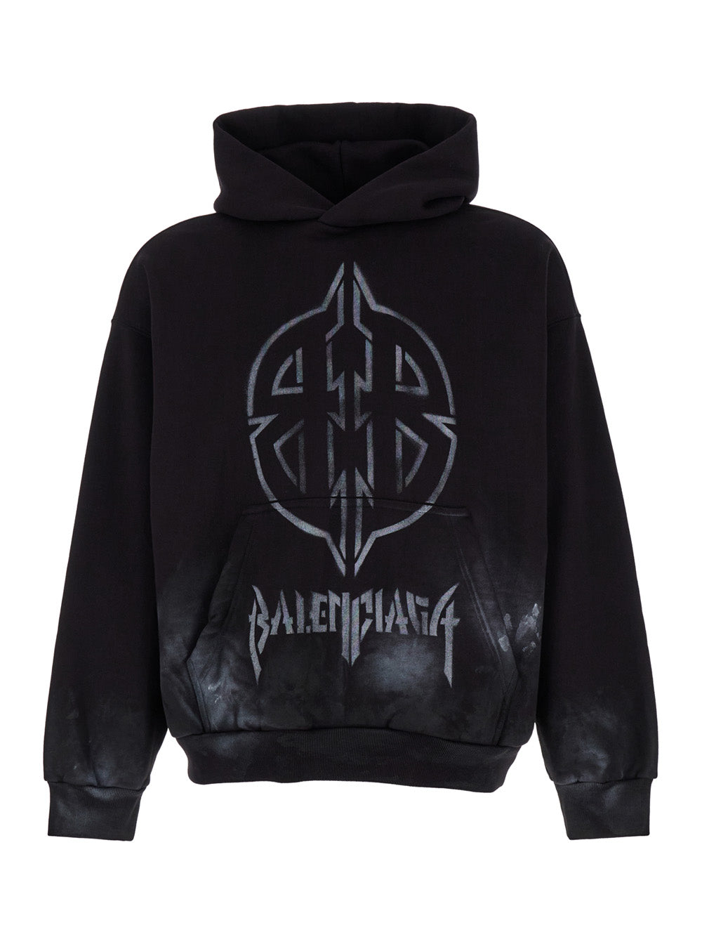 Balenciaga Men Black Hoodie With Metal Bb Stencil Motif In Dirty Effect Cotton Man
