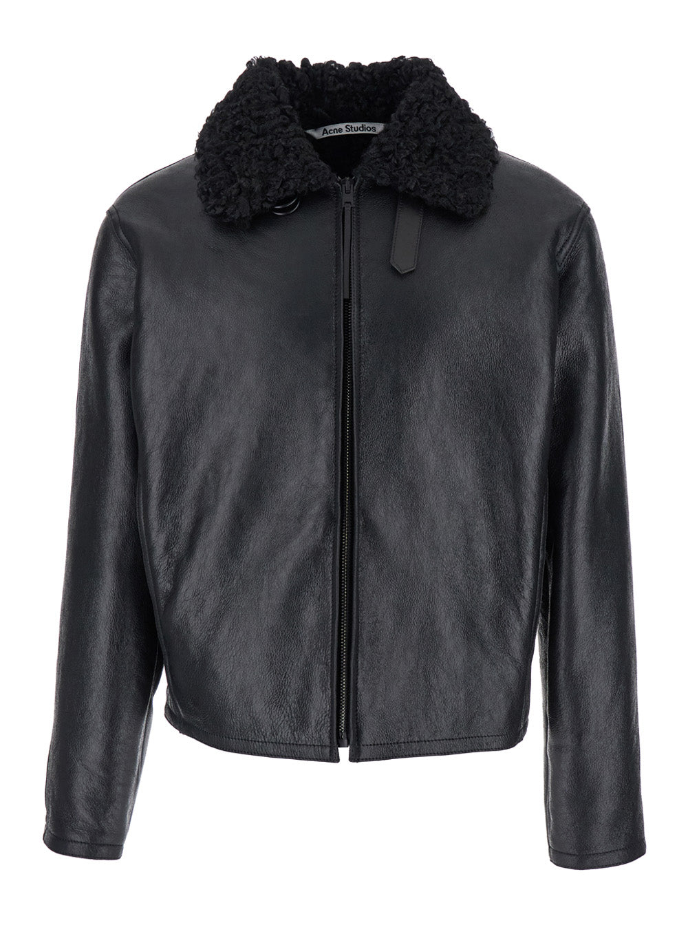 Acne Studios Men Black Bomber Jacket With Fur Detail On The Collar In Leather Man