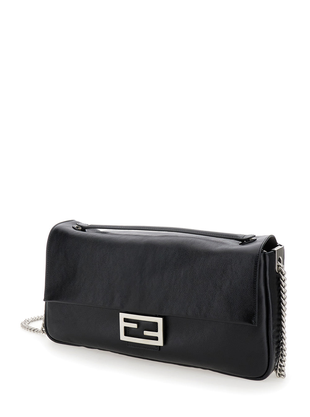 Fendi Women 'Baguette Chain Large' Black Crossbody Bag With Ff Closure In Leather Woman