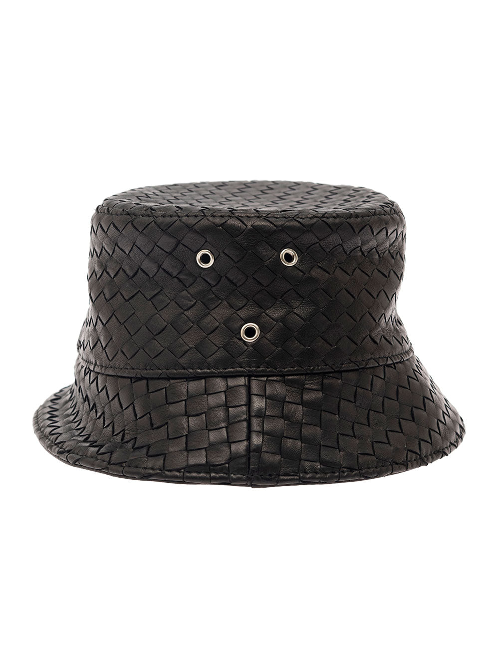Bottega Veneta Men Black Bucket Hat With Metal Eyelets And Intreccio Motif In Leather Man