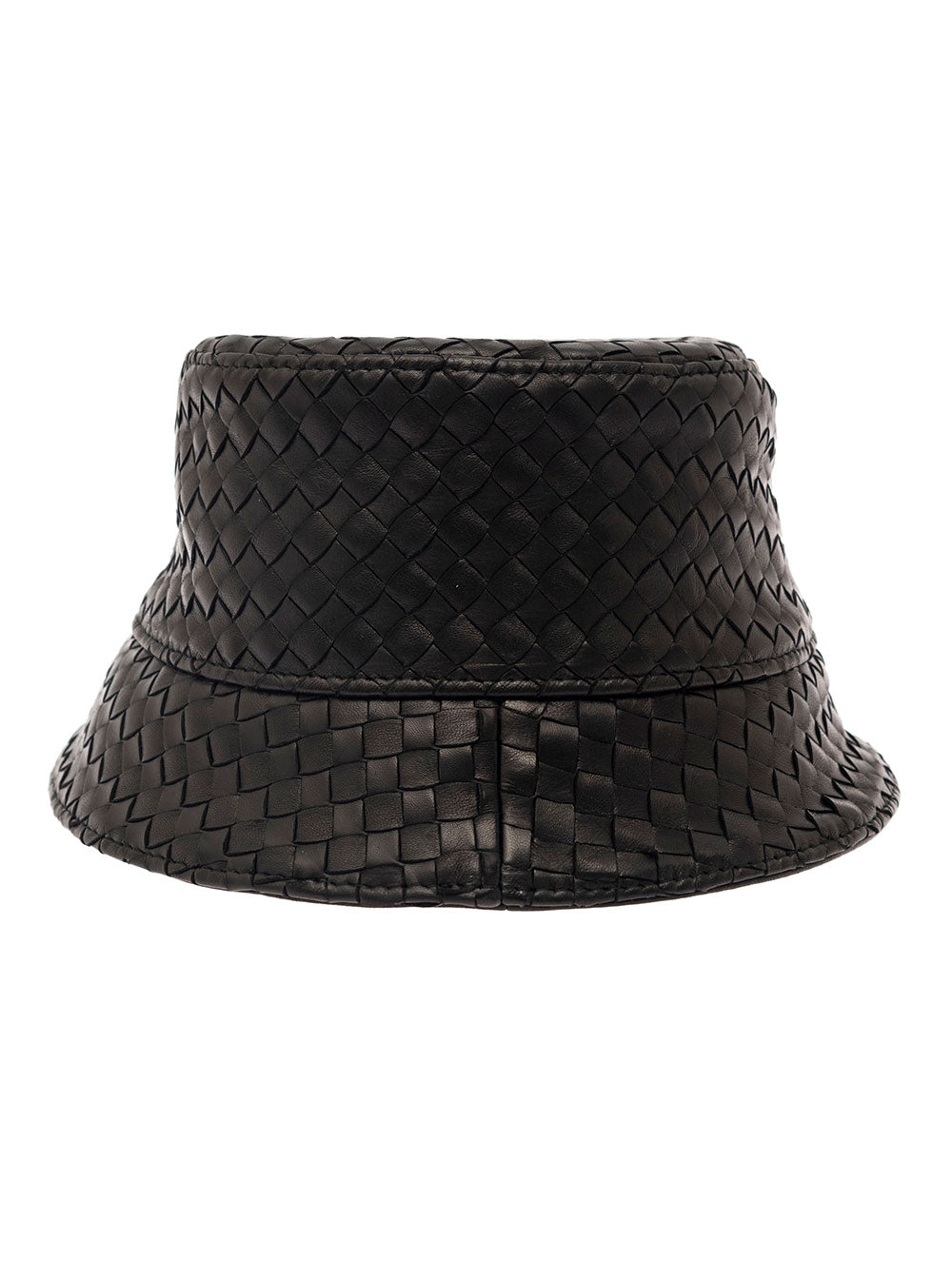 Bottega Veneta Men Black Bucket Hat With Metal Eyelets And Intreccio Motif In Leather Man