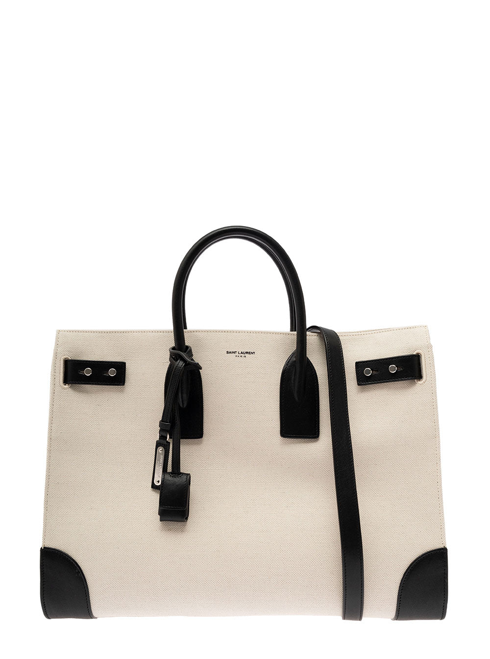 Saint Laurent Men 'Sac De Jour L' Beige Tote Bag With Brass Padlock In Canvas And Leather Man