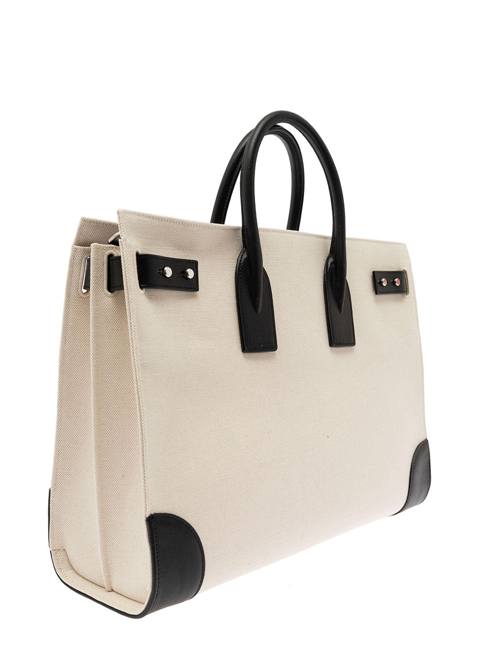Saint Laurent Men 'Sac De Jour L' Beige Tote Bag With Brass Padlock In Canvas And Leather Man