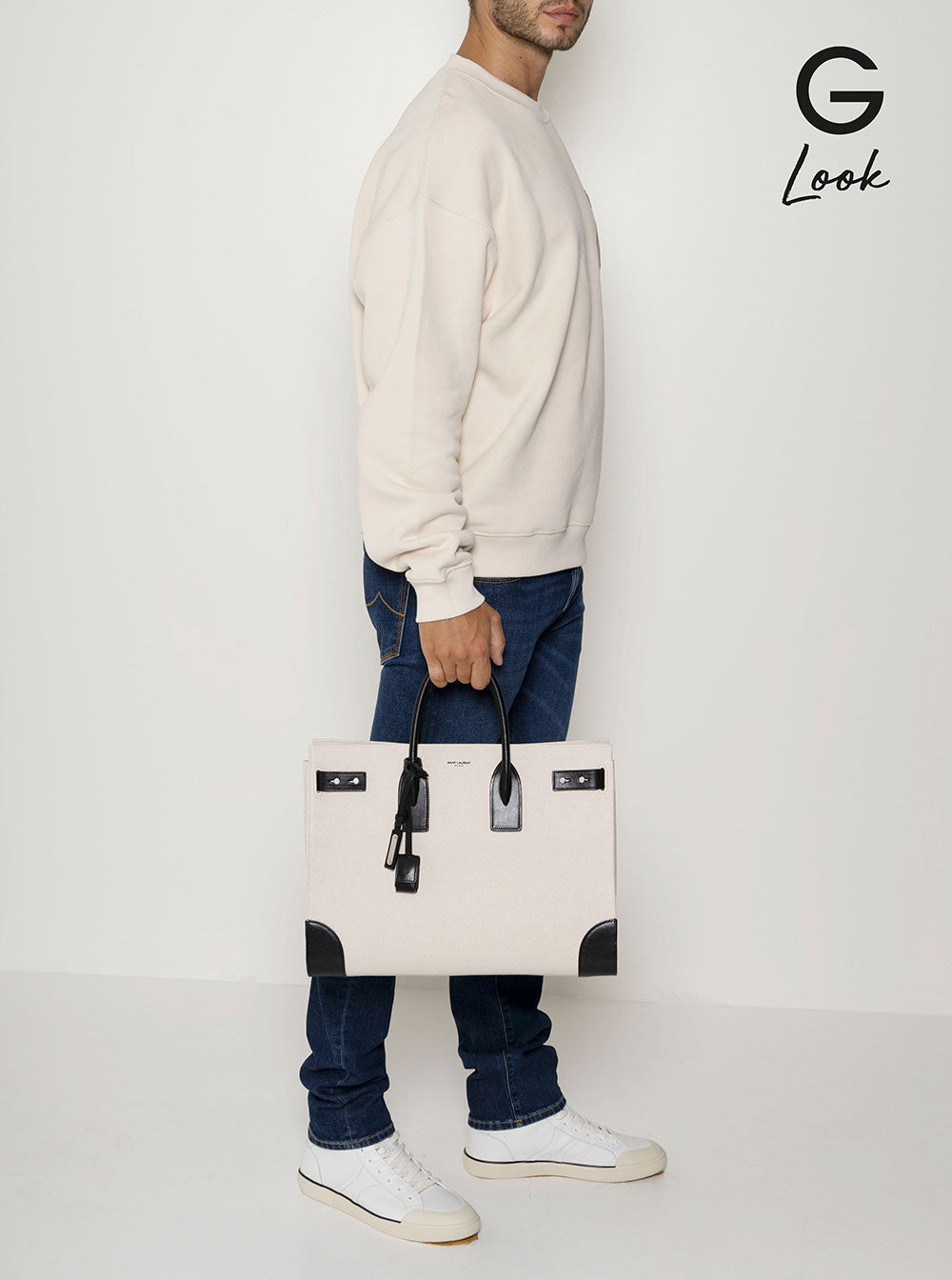 Saint Laurent Men 'Sac De Jour L' Beige Tote Bag With Brass Padlock In Canvas And Leather Man