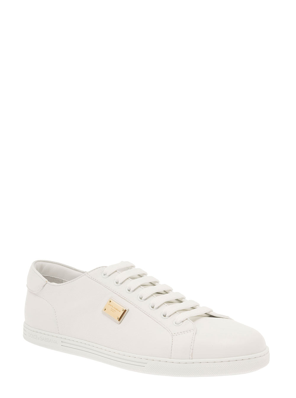 Dolce & Gabbana Men 'Portofino' White Monocrom Low Top Sneakers With Logo Plaque In Leather Man