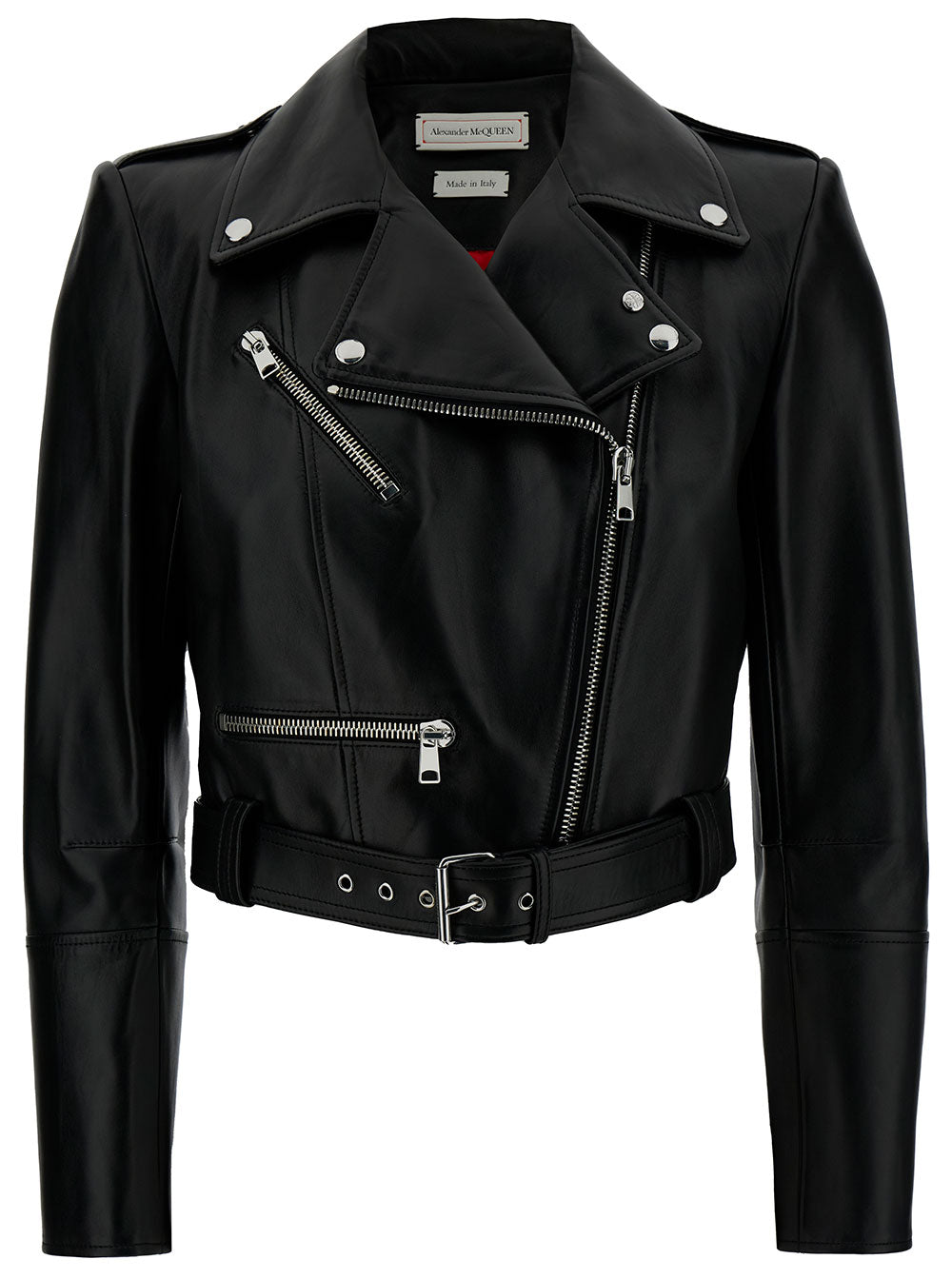 Alexander Mcqueen Women Black Cropped Biker Jacker With Matching Belt In Smooth Leather Woman