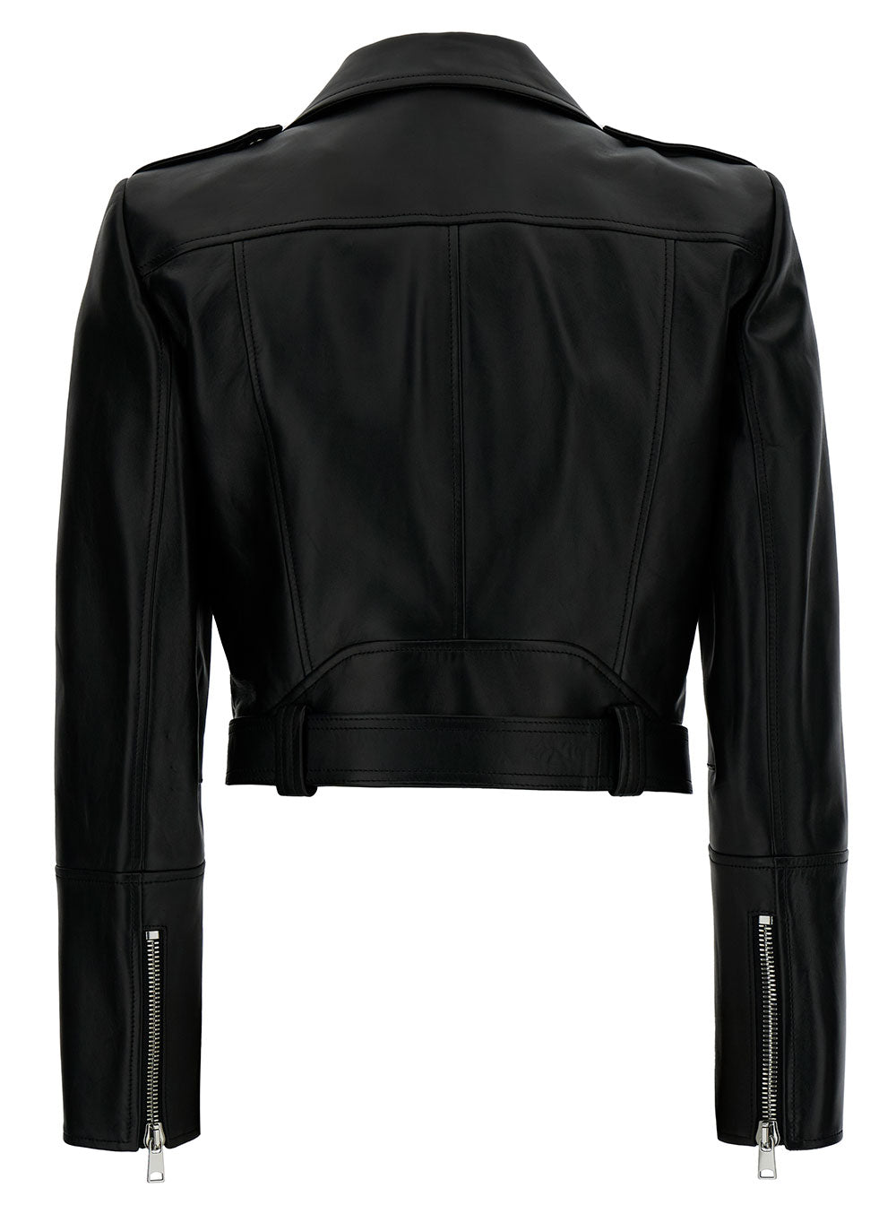 Alexander Mcqueen Women Black Cropped Biker Jacker With Matching Belt In Smooth Leather Woman