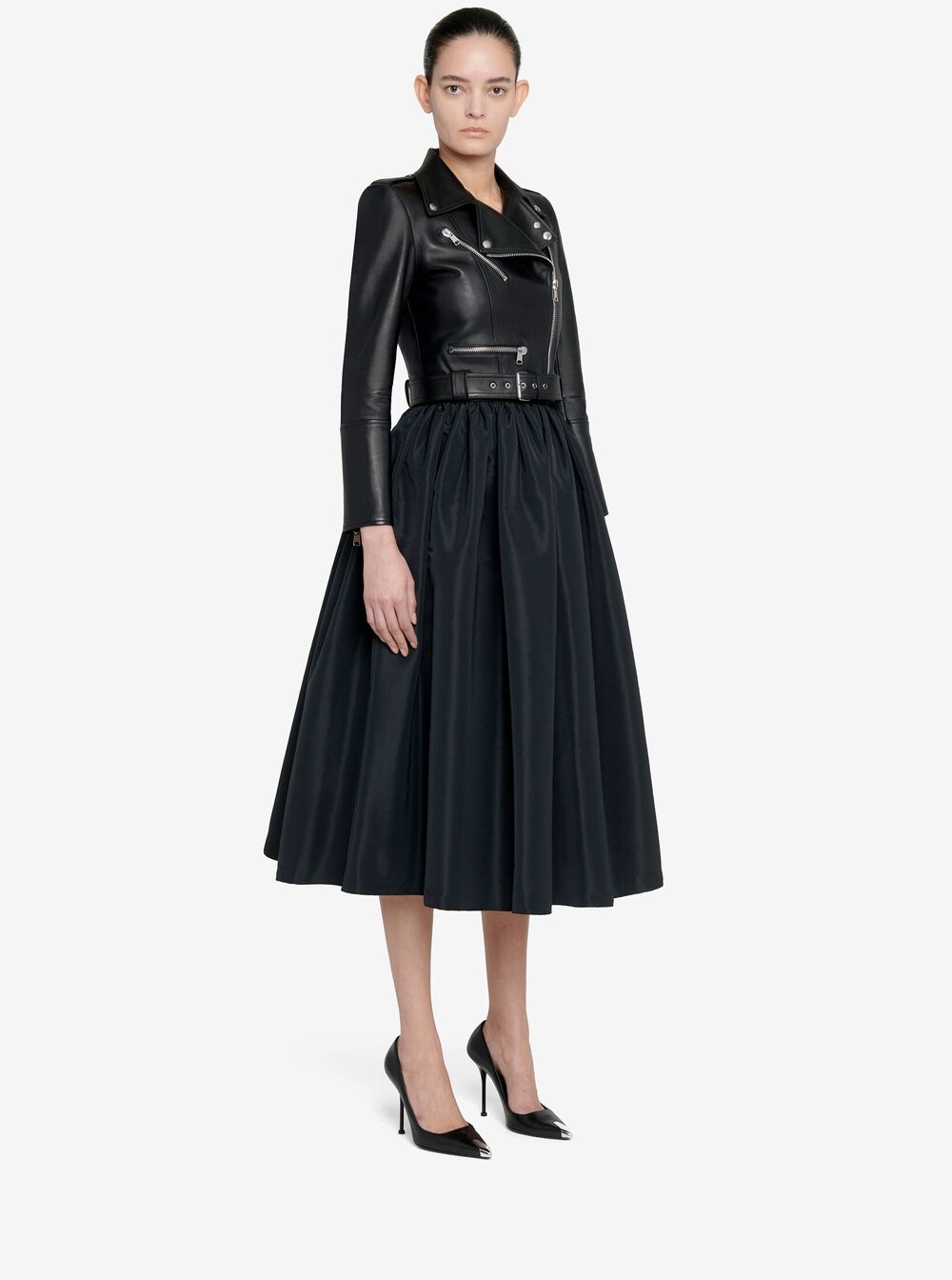Alexander Mcqueen Women Black Cropped Biker Jacker With Matching Belt In Smooth Leather Woman