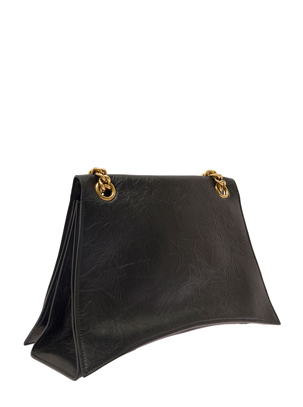 Balenciaga Women 'Crus Medium' Black Shoulder Bag With B Logo Hardware In Crushed Leather Woman