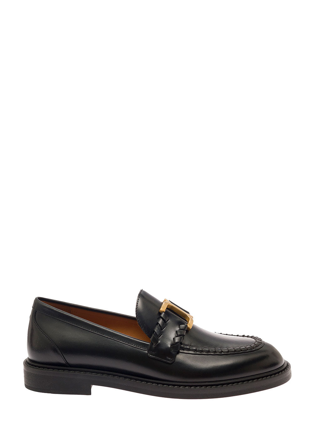 Chloé Women 'Marcie' Black Loafers With Gold-Colored Metal Logo In Smooth Leather Woman