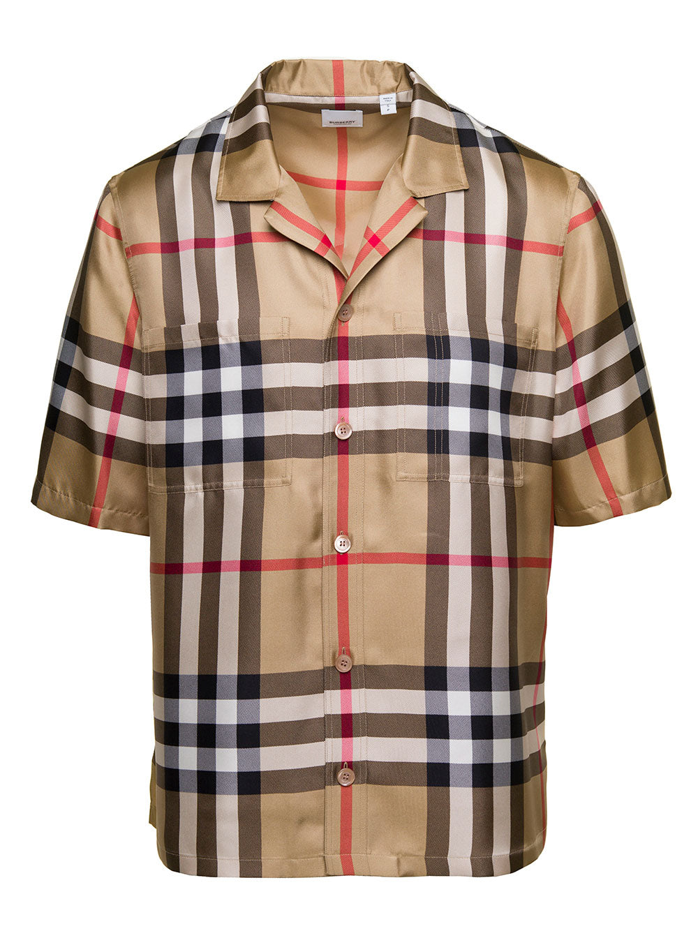 Burberry Men Brown Bowling Shirt With All-Over Checkered Print In Silk Man