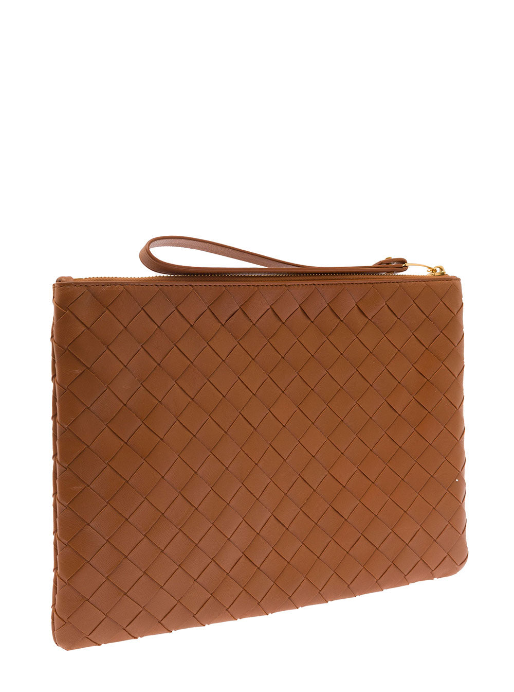 Bottega Veneta Women Brown Pouch With Wrist Strap In Intreccio Leather Woman