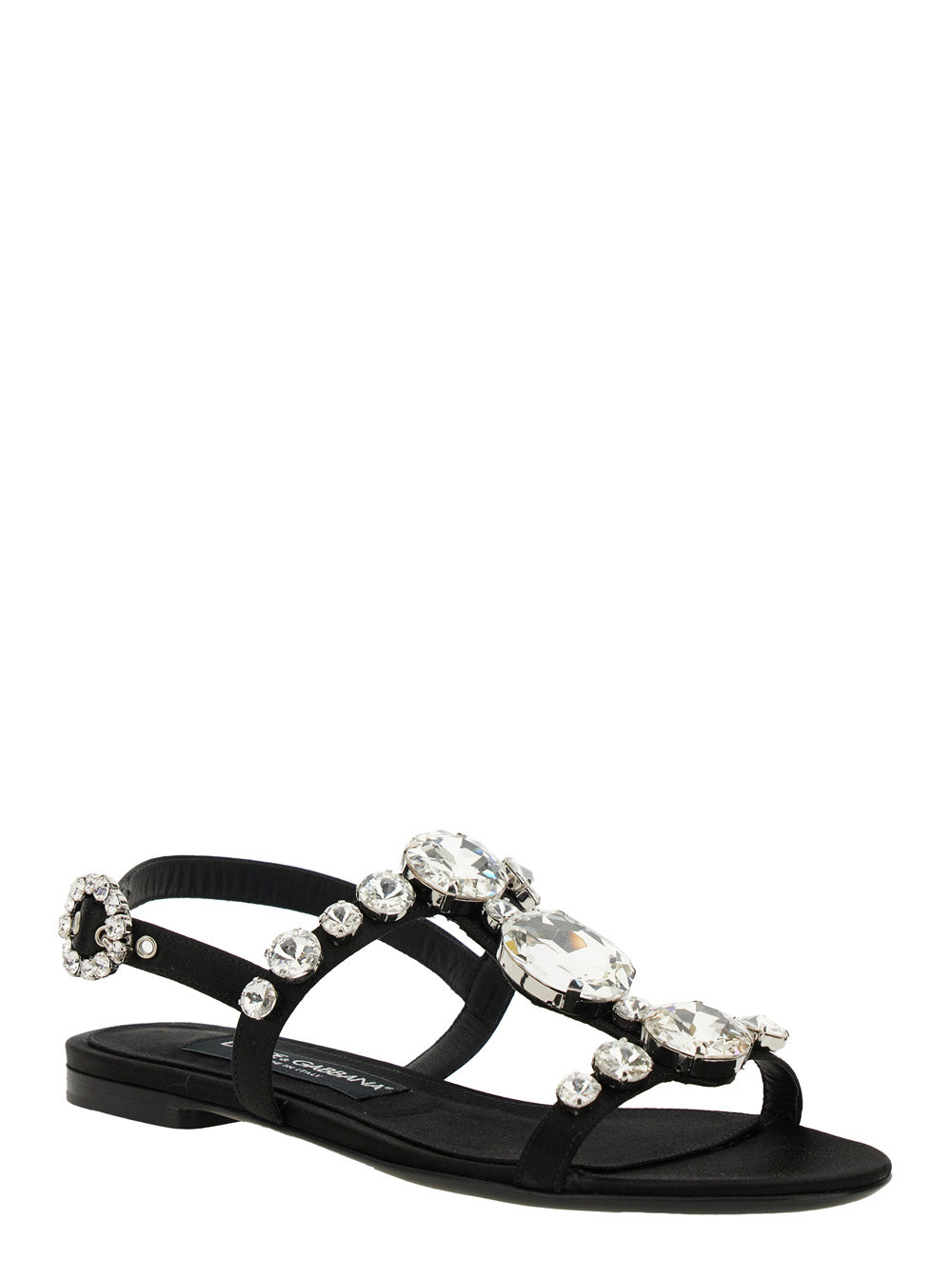 Dolce & Gabbana Women Black Sandals With Embroidered Stones Decorations In Satin Woman