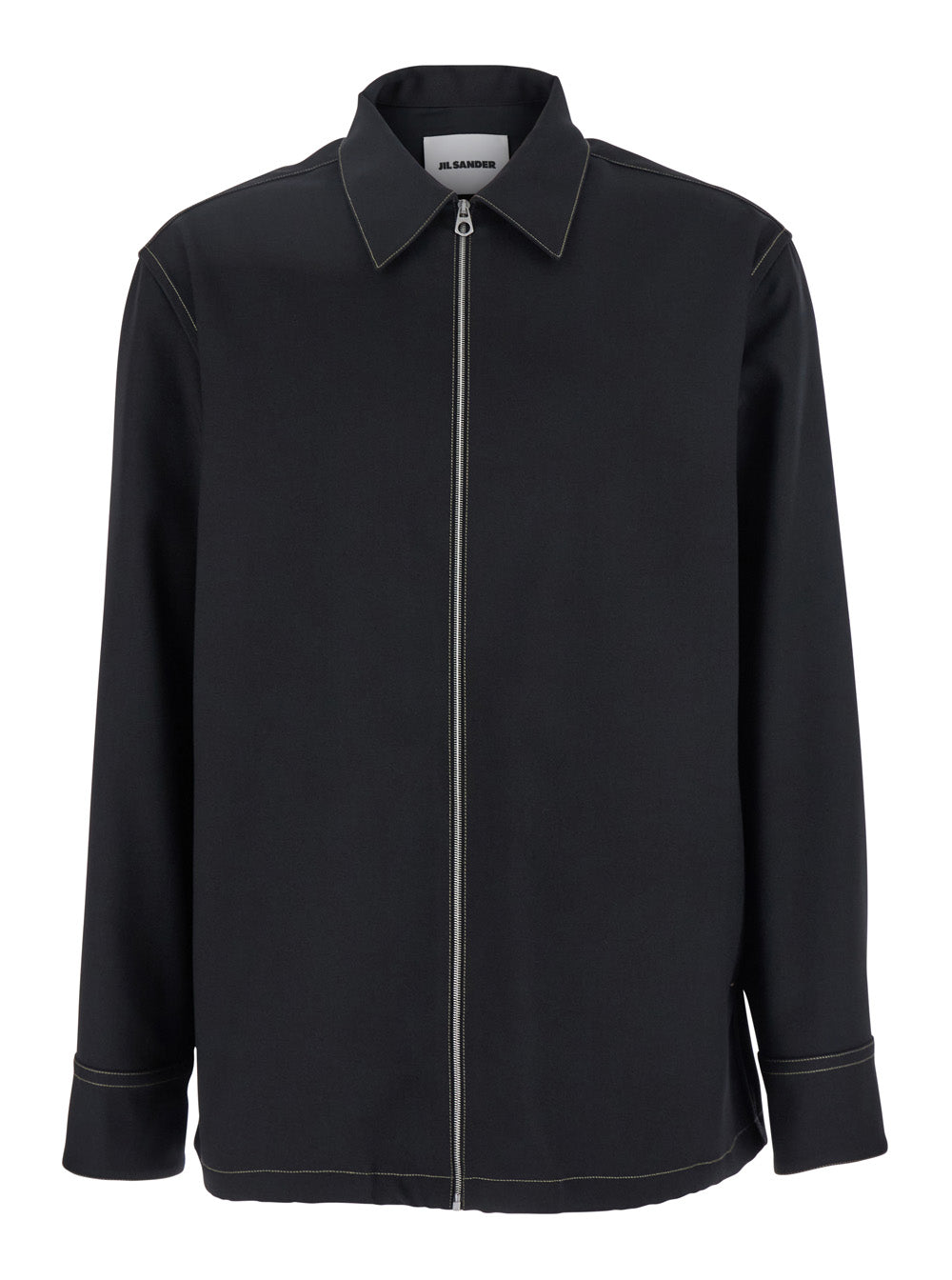 Jil Sander Men Black Zip-Up Shirt With Contrasting Stitching In Tech Fabric Man