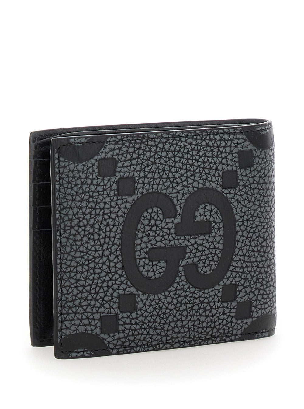 Gucci Men Grey And Black Wallet With Gg Maxi Logo On Front In Hammered Leather Man