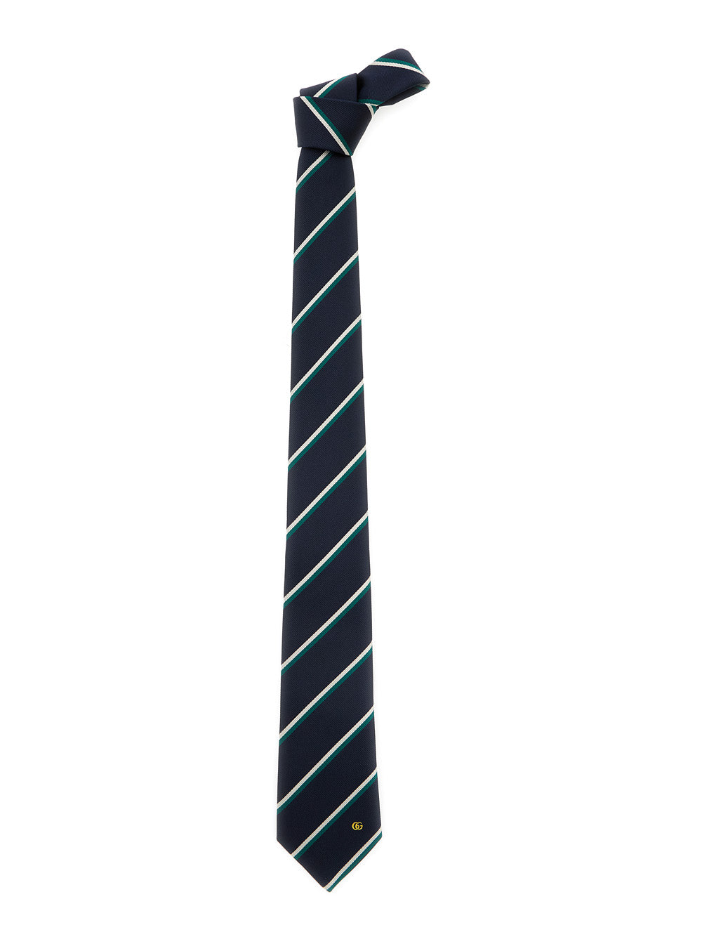 Gucci Men Blue Tie With Diagonal Stripe Pattern And Embroidered Logo Detail In Silk Man