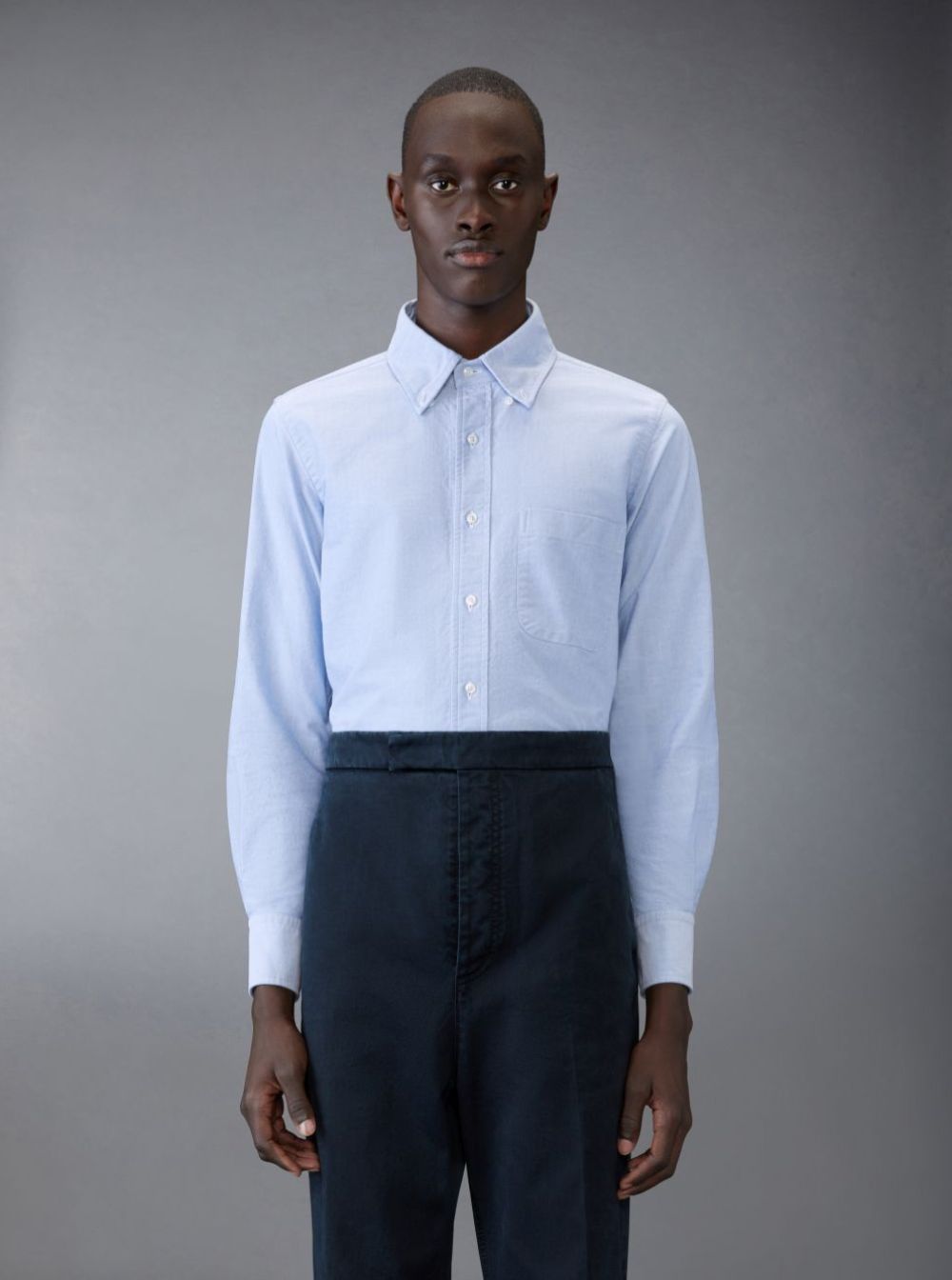 Thom Browne Men Light Blue Shirt With Button-Down Collar And Striped Rwb Detail On The Rear In Cotton Man