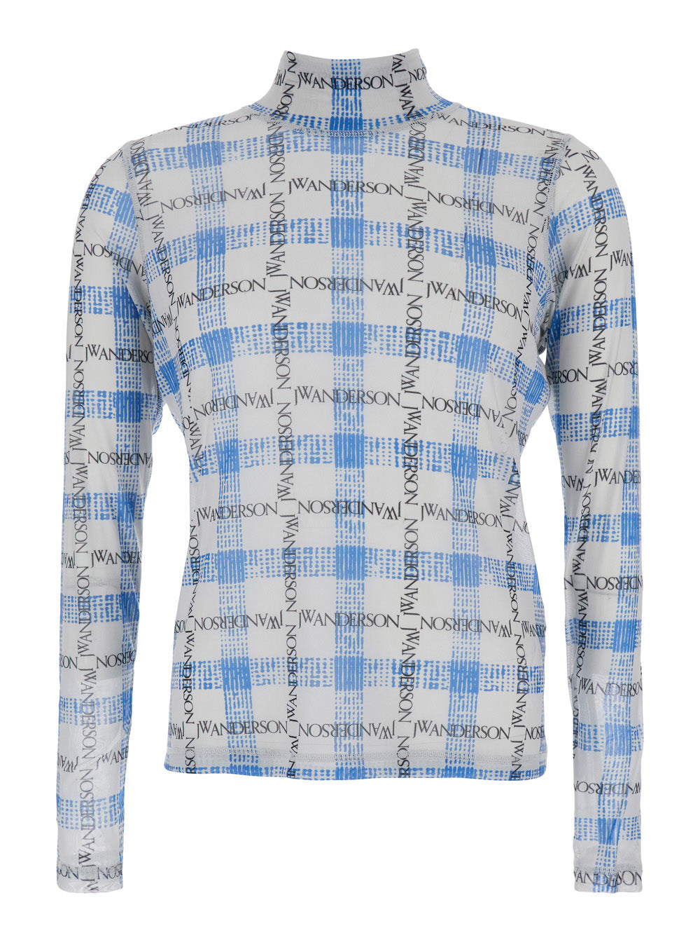 Jw Anderson Men Light Blue Turtleneck T-Shirt With All-Over Check Motif And All-Over Logo Print In Tech Fabric Stretch Man