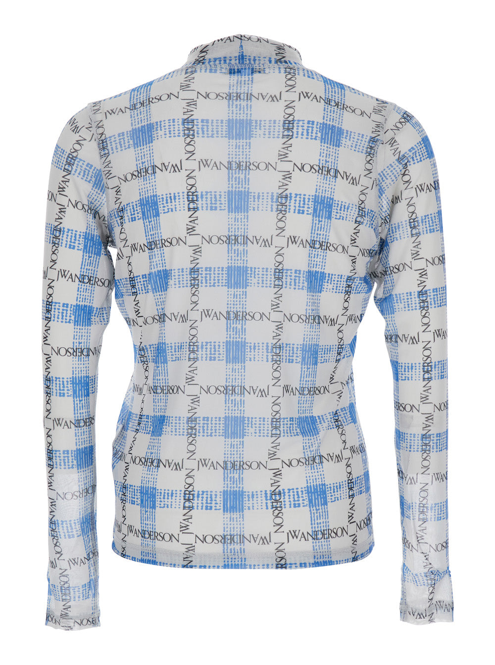 Jw Anderson Men Light Blue Turtleneck T-Shirt With All-Over Check Motif And All-Over Logo Print In Tech Fabric Stretch Man